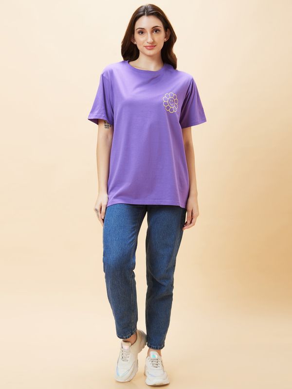 Globus Women Purple Typography Back Print Round Neck Oversized Casual T-Shirt