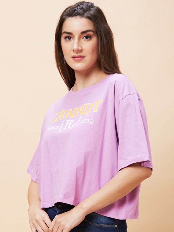 Globus Women Lavender Typography Print Round Neck Casual Boxy Fit Crop T-Shirt