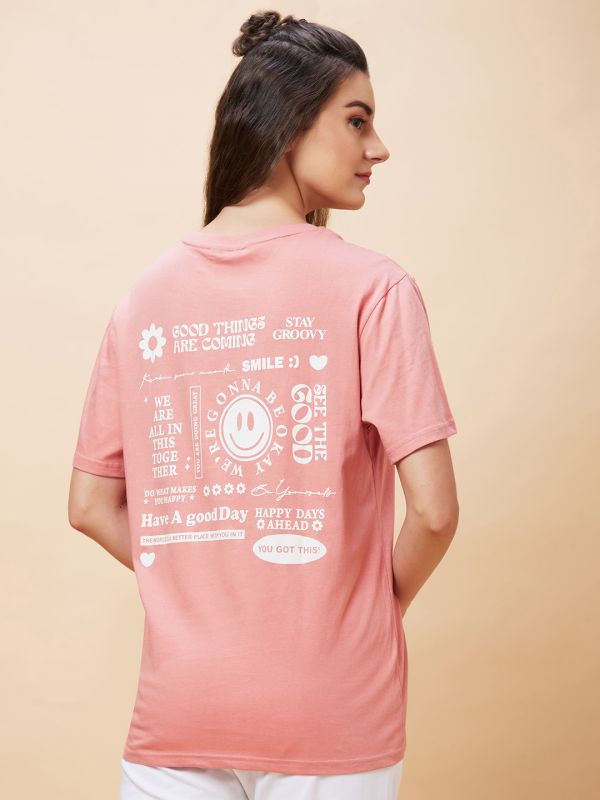 Globus Women Pink Back Typography Print Round Neck Casual Oversized T-Shirt