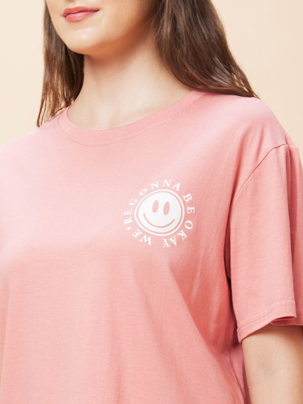 Globus Women Pink Back Typography Print Round Neck Casual Oversized T-Shirt