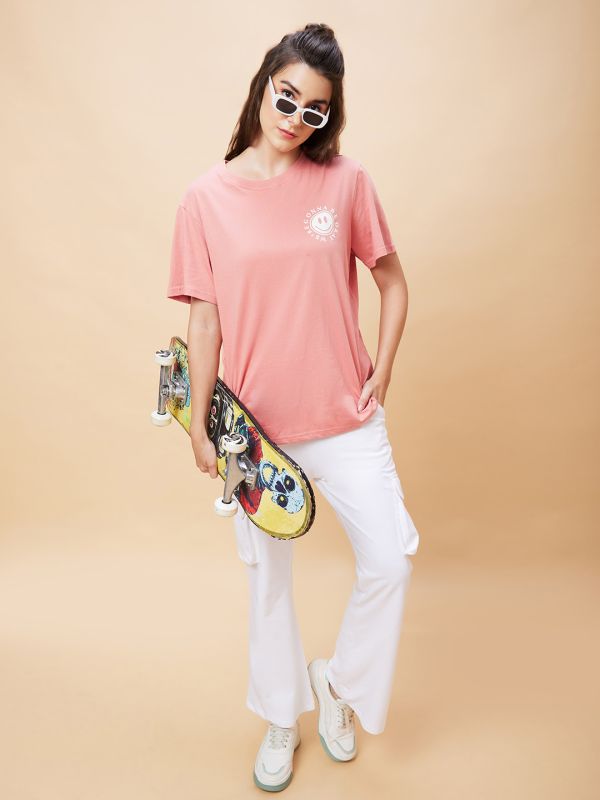 Globus Women Pink Back Typography Print Round Neck Casual Oversized T-Shirt