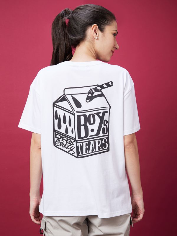 Globus Women White Typography Print Drop-Shoulder Sleeves Boxy Tshirt