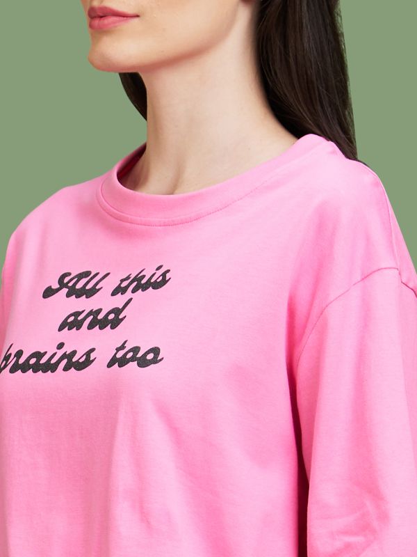 Globus Women Pink Typography Cotton Round Neck Boxy Fit Casual T-Shirt