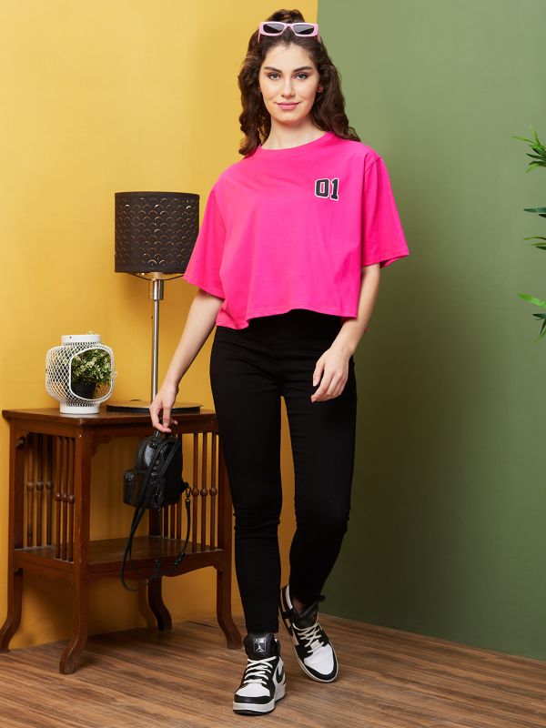 Globus Women Pink Boxy Fit Typography Round Neck T-Shirt