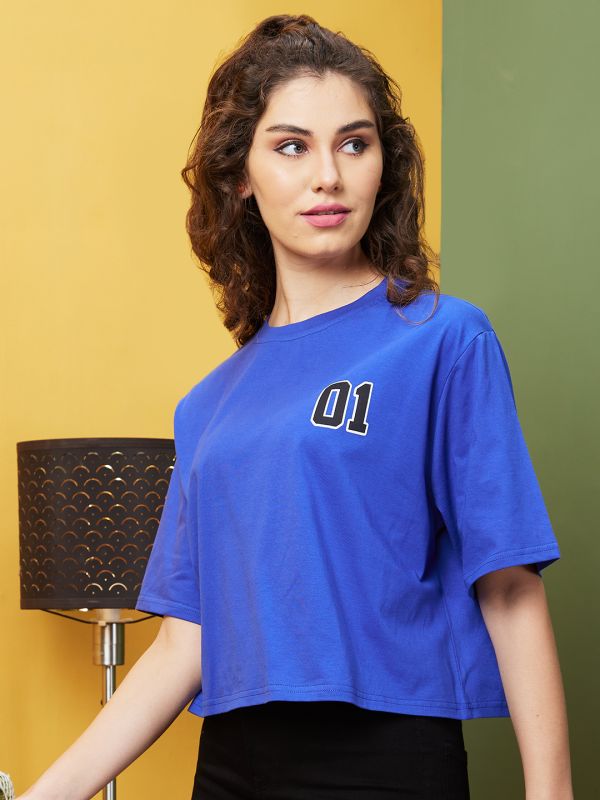 Globus Women Blue Boxy Fit Typography Round Neck T-Shirt