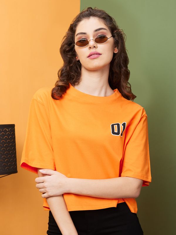 Globus Women Orange Boxy Fit Typography Round Neck T-Shirt