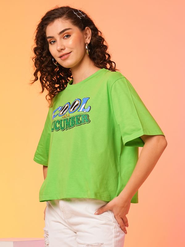 Globus Women Green Boxy Fit Cool Summer T-Shirt