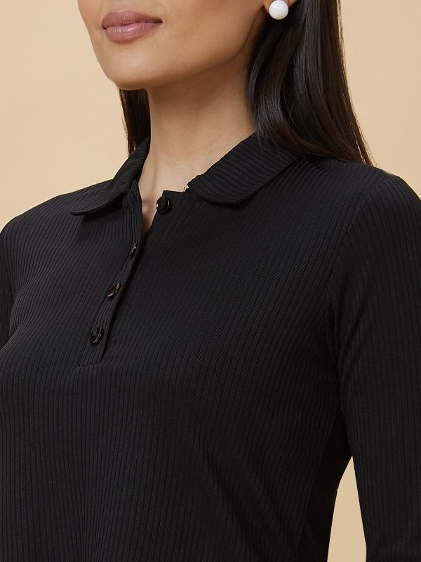 Globus Women Black Ribbed Solid Shirt Collar Casual Top