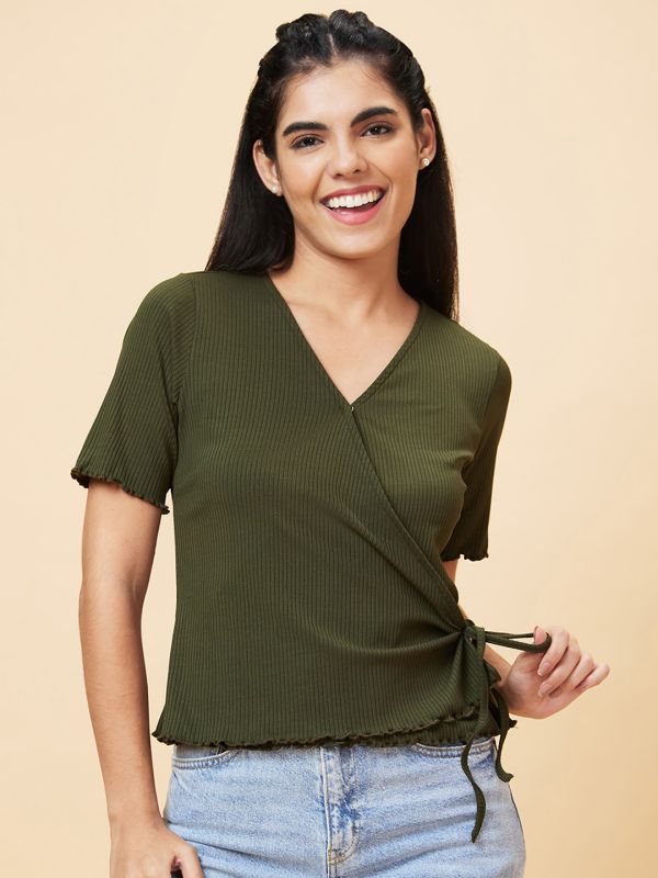 Globus Women Olive Solid V-Neck Casual Top