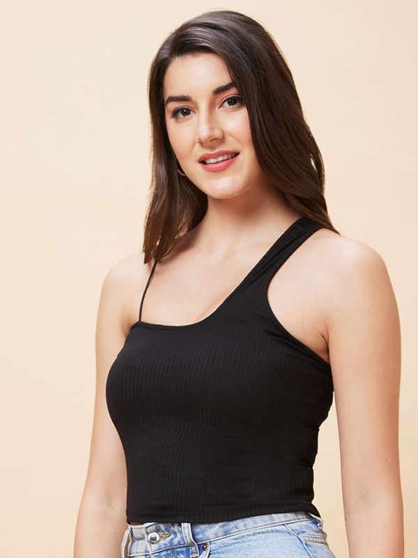 Globus Women Black Solid One Shoulder Ribbed Casual Top