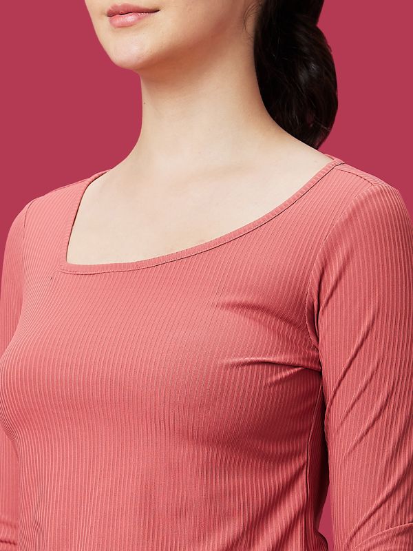 Globus Women Peach Solid A-Symmetric Neckline Ribbed Fitted Casual Top