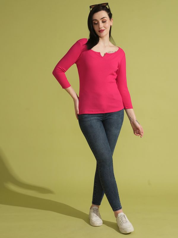 Globus Women Pink Self Design Rib Scoop Neck Long Sleeves Workwear Top