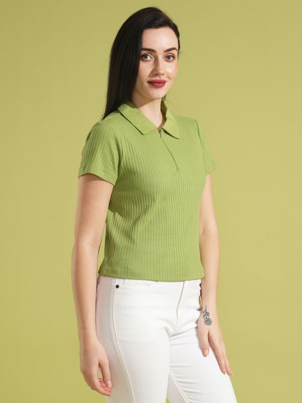 Globus Women Green Self Design Rib Short Sleeves Collared Shirt Style Top With Zip Opening