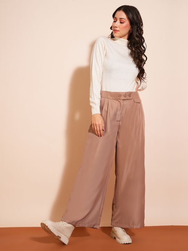 Globus Women Khaki Solid High-Rise Pleated Wide-Leg Workwear Trousers