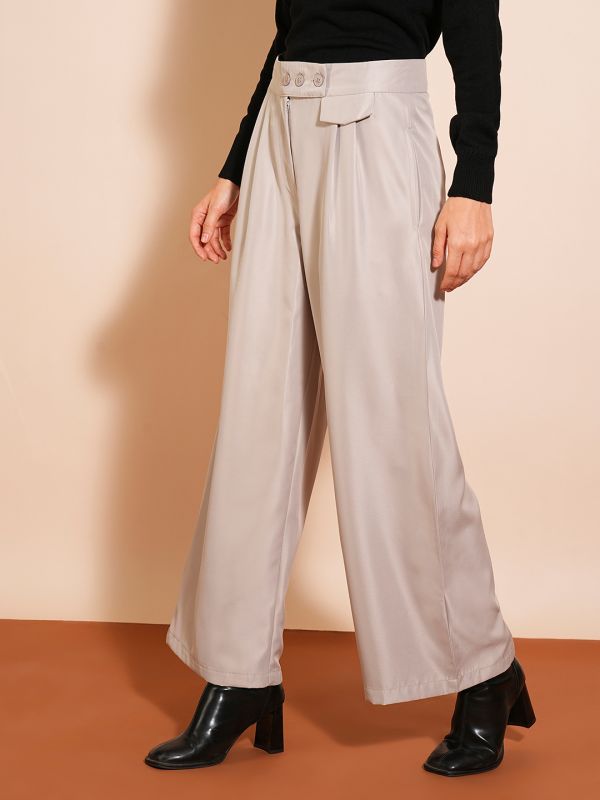 Globus Women Ash Grey Solid High-Rise Pleated Wide-Leg Workwear Trousers