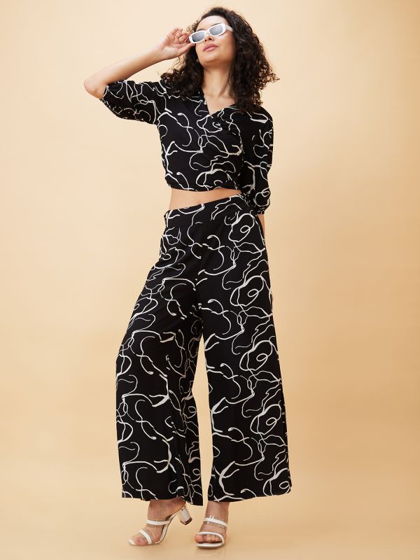 Globus Women Black Abstract Print Wrap Tie-Back Crop Top & Flared Palazzos Co-Ord Set