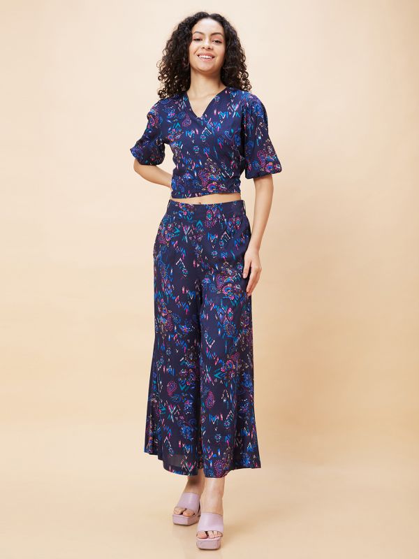 Globus Women Blue Paisley Print Wrap Tie-Back Crop Top & Flared Palazzos Co-Ord Set