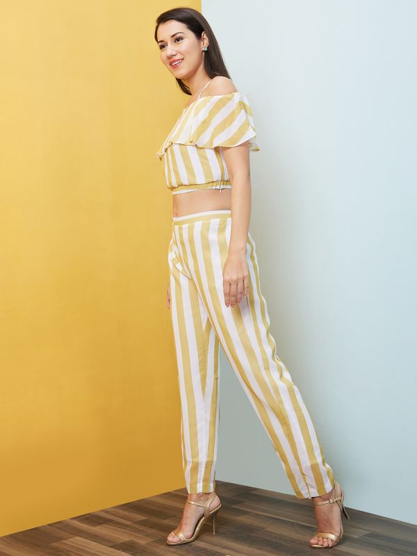 Globus Women Yellow Striped Off-Shoulder Co-Ord With Top & Palazzo