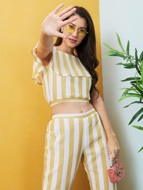 Globus Women Yellow Striped Off-Shoulder Co-Ord With Top & Palazzo