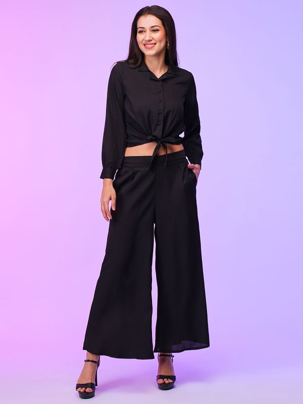 Globus Women Black Front Tie Up Top & Palazzos Co-Ord Set