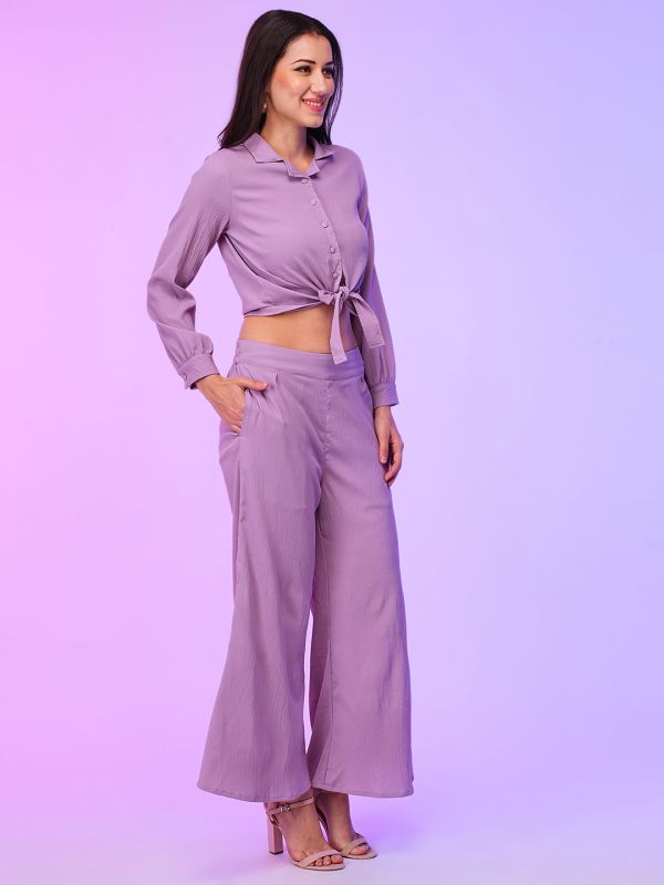 Globus Women Lavender Front Tie Up Top & Palazzos Co-Ord Set