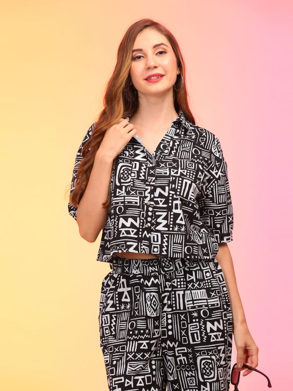 Globus Women Black Abstract Print Boxy Shirt and Trouser Co-Ord Set