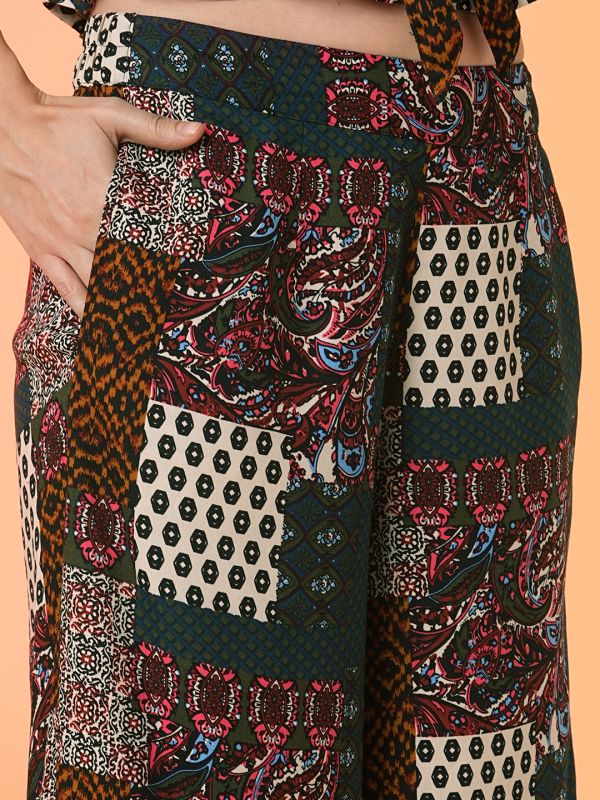 Globus Women Multi Square Neck Allover Ethnic Print Tie-Up Peplum Crop Top & Palazzos Co-Ord Set