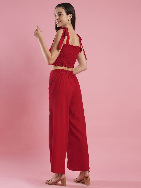 Globus Women Red Tie Up Strappy Shoulder Smocked Crop Top & Flare Hem Partially Elasticated Flat Font Trouser Co-ord Set