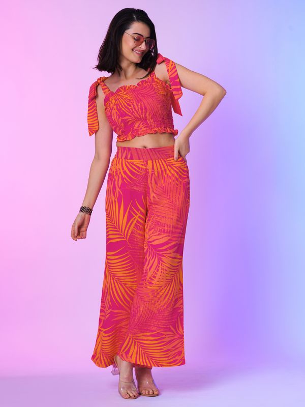 Globus Women Pink Allover Tropical Print Square Neck Shoulder Tie-Up Smocked Crop Top & Flared Hem Palazzos Co-Ord Set
