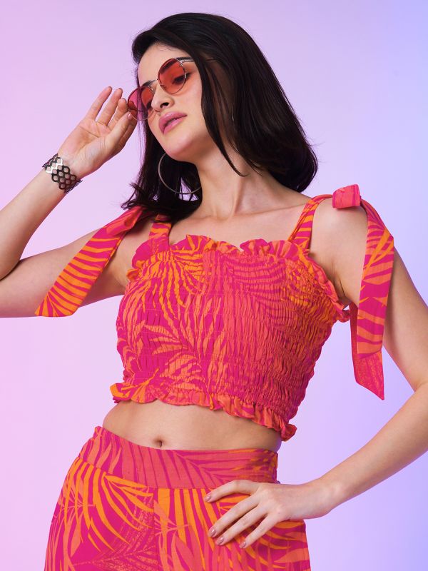 Globus Women Pink Allover Tropical Print Square Neck Shoulder Tie-Up Smocked Crop Top & Flared Hem Palazzos Co-Ord Set