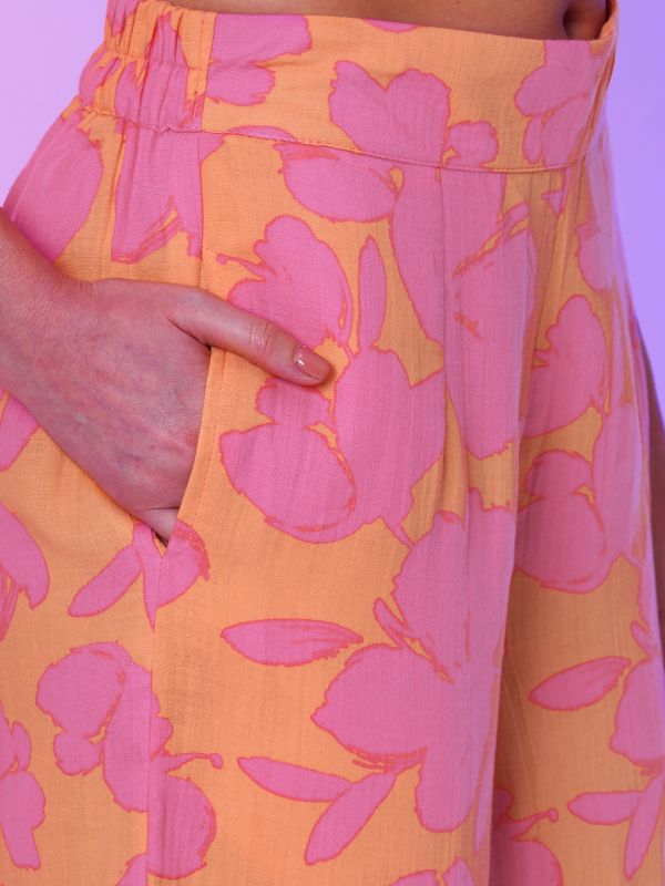 Globus Women Multi Orange Allover Floral Print Square Neck Shoulder Tie-Up Smocked Crop Top & Flared Hem Palazzos Co-Ord Set