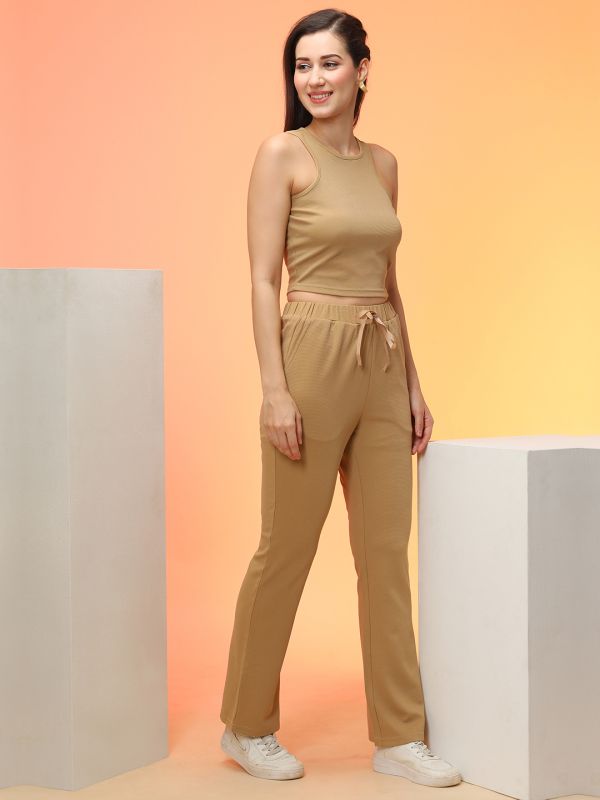 Globus Women Brown Racer Back Crop Top & Trouser Co-Ord Set