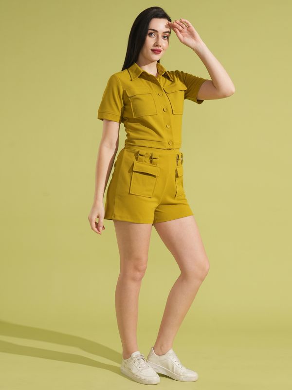 Globus Women Lime Green Shirt Collar Military Inspired Crop Top & Mid Rise Short Co-Ord Set