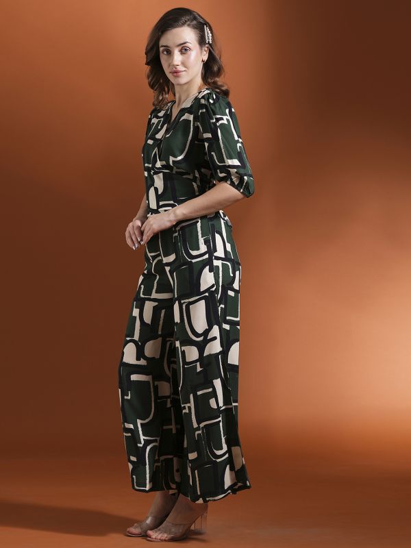 Globus Women Green Wrap Neck Puff Sleeves Abstract Printed Back Tie-Up Top & Palazzos Co-Ord Set