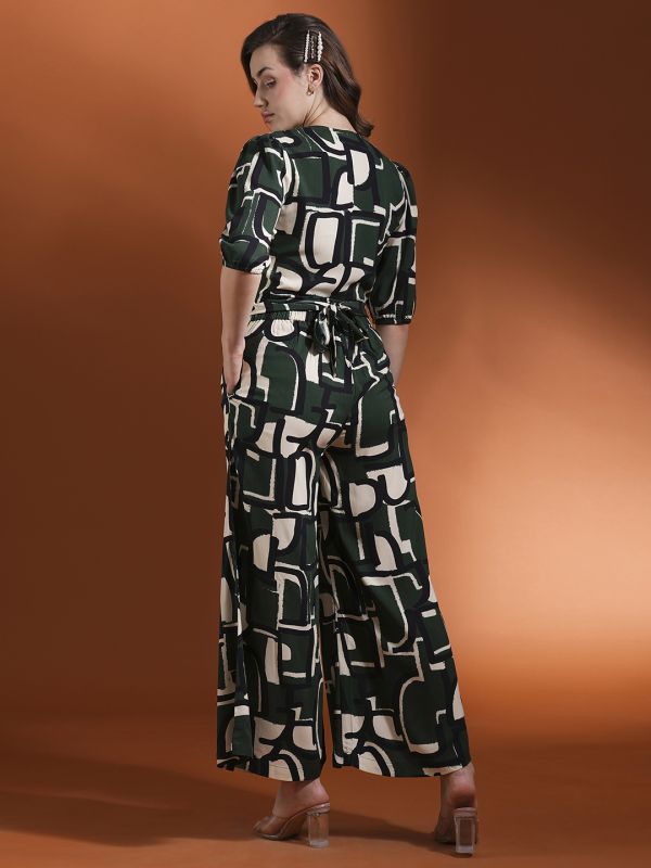 Globus Women Green Wrap Neck Puff Sleeves Abstract Printed Back Tie-Up Top & Palazzos Co-Ord Set