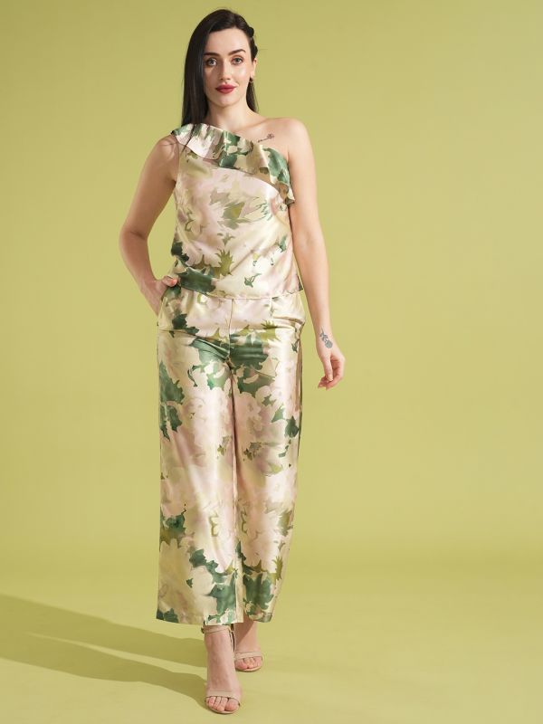 Globus Women Green Floral Print One Shoulder Ruffle Top & Partially Elasticated Ankle Length Trouser Co-ord Set