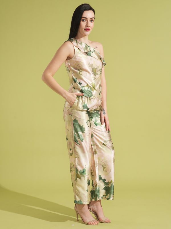 Globus Women Green Floral Print One Shoulder Ruffle Top & Partially Elasticated Ankle Length Trouser Co-ord Set