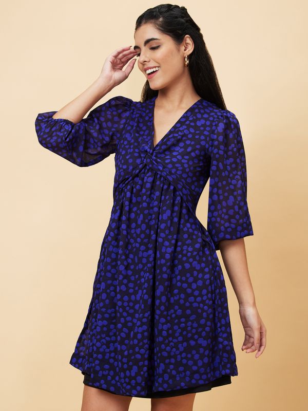 Globus Women Navy Blue Printed Fit and Flare Casual Dress