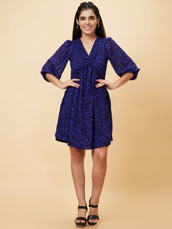 Globus Women Navy Blue Printed Fit and Flare Casual Dress