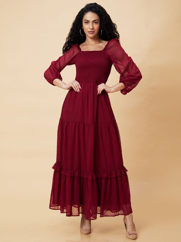 Globus Women Maroon Square Neck Raglan Sleeves Smocked Tiered Fit & Flare Maxi Dress