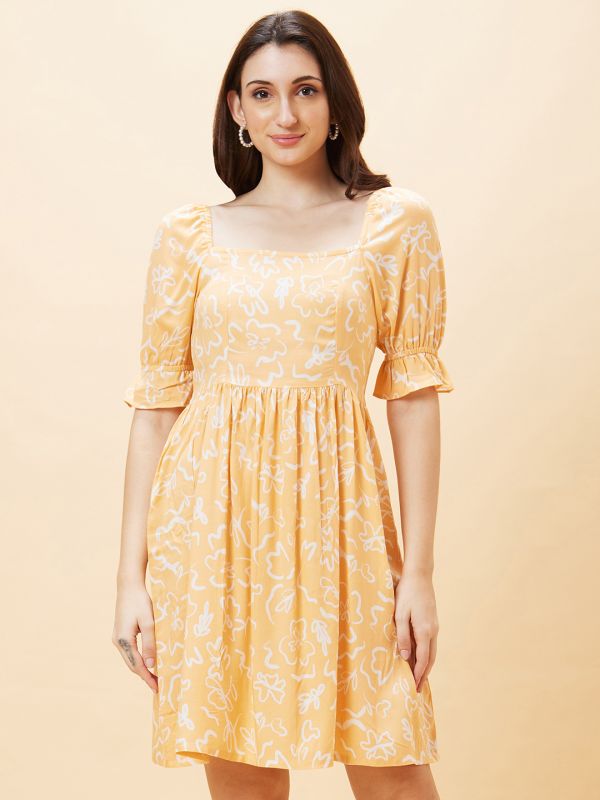 Globus Women Peach Floral Print Square Neck A-Line Dress