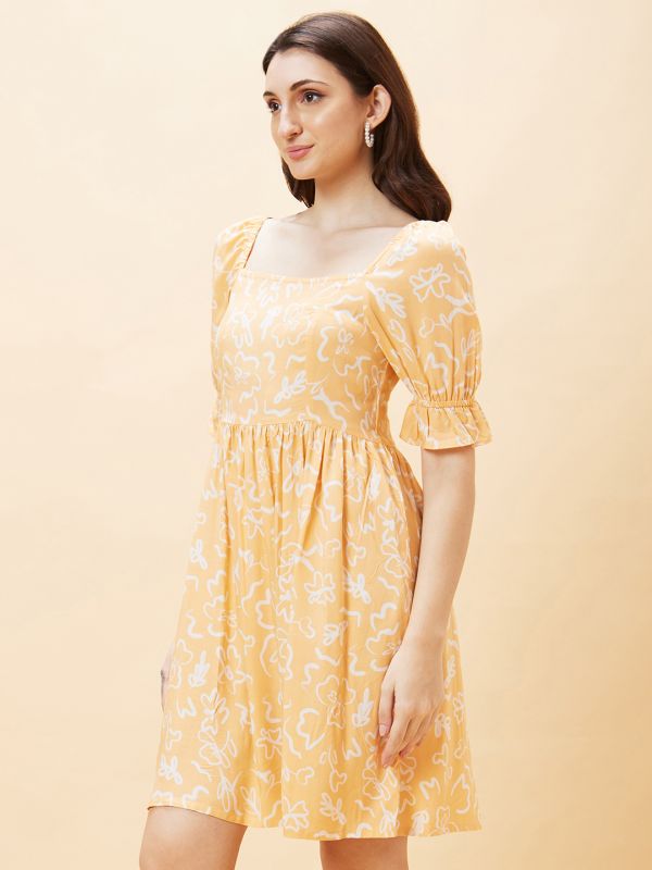 Globus Women Peach Floral Print Square Neck A-Line Dress