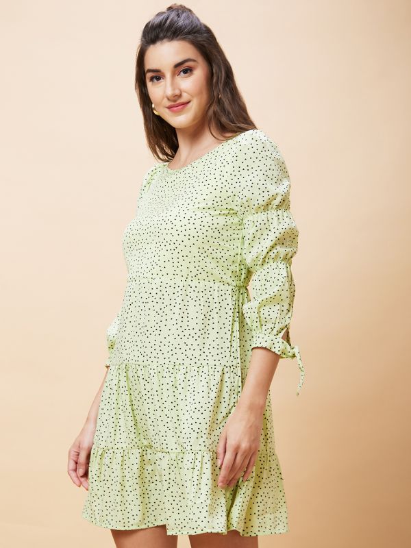 Globus Women Lime Green Polka Dots Print Round Neck Casual Fit And Flare Dress