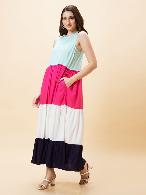 Globus Women Multicolour Colourblocked Round Neck Sleeveless Maxi Dress