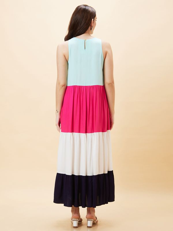 Globus Women Multicolour Colourblocked Round Neck Sleeveless Maxi Dress