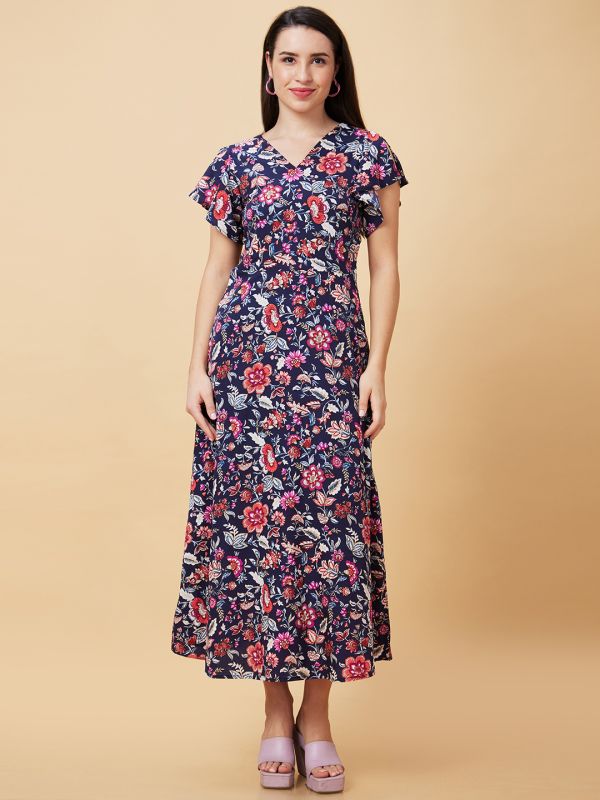 Globus Women Navy Floral Print V-Neck Casual Maxi A-Line Dress