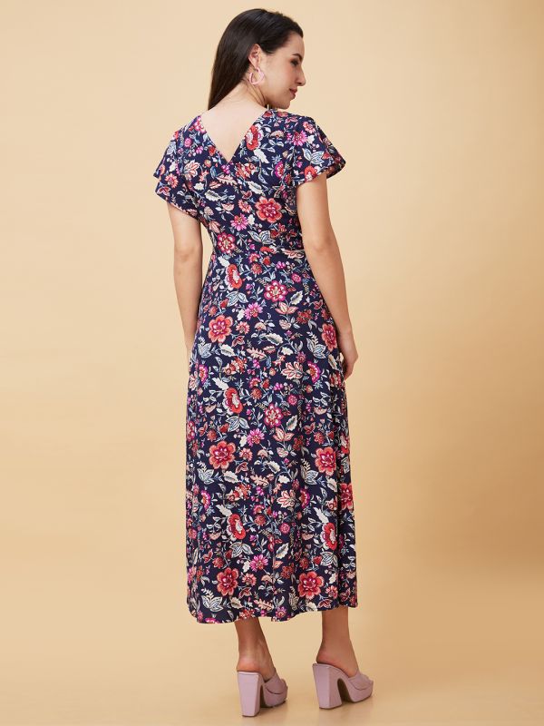 Globus Women Navy Floral Print V-Neck Casual Maxi A-Line Dress