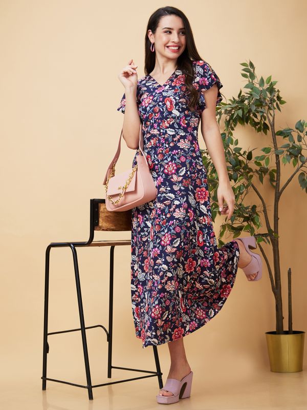 Globus Women Navy Floral Print V-Neck Casual Maxi A-Line Dress