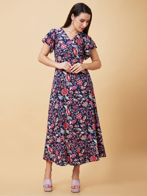 Globus Women Navy Floral Print V-Neck Casual Maxi A-Line Dress