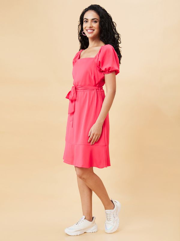 Globus Women Pink Solid Casual Belted A-Line Dress